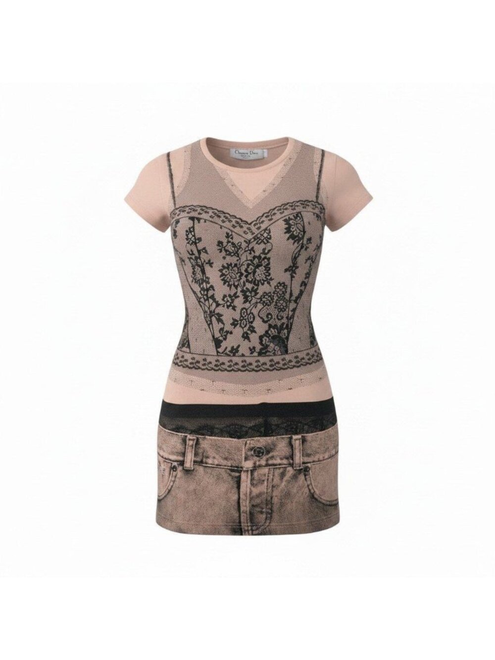 Dior Short Sleeve Top Galliano Era Trompe Rouille Print Lace Corset Pale Orange